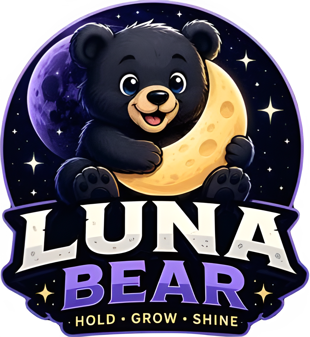 Luna Bear logo — a black bear cub hugging a golden moon under a starry violet sky. Hold, grow, shine.